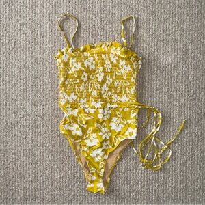 Yellow floral one piece swimsuit with boning detailing